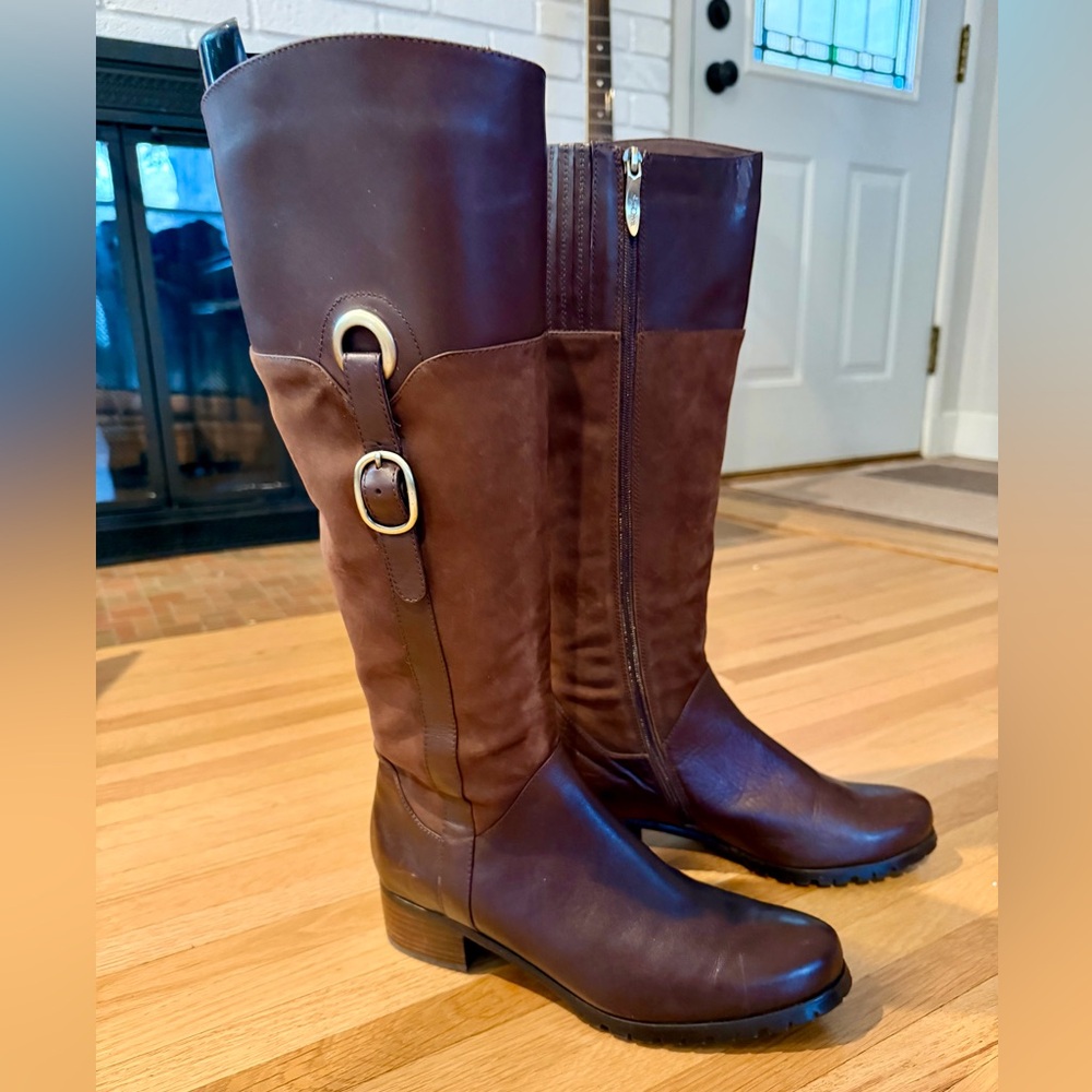 Leather and Suede Brown Heeled Boots with Buckle Detail
